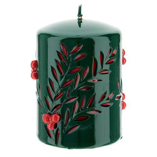Vela navideña tallada verde motivos rojos diámetro 10 cm 3