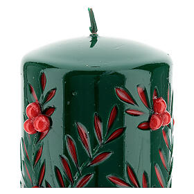 Bougie de Noël taillée verte avec décorations rouges diamètre 8 cm