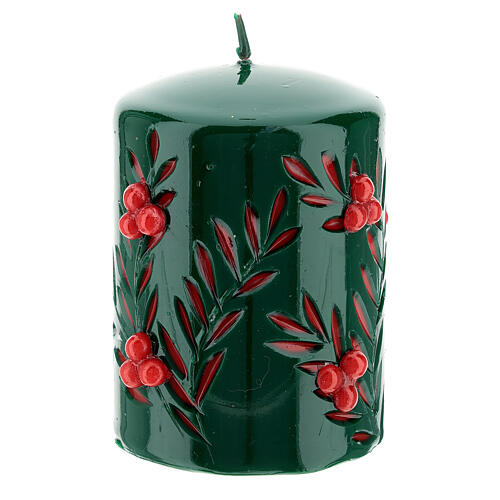 Green Christmas candle with red decorations carved, diameter 10 cm 1