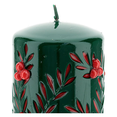 Green Christmas candle with red decorations carved, diameter 10 cm 2