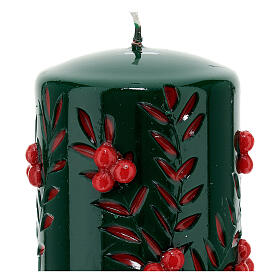 Geschnitzte grüne Kerze mit roten Dekorationen, 10 cm