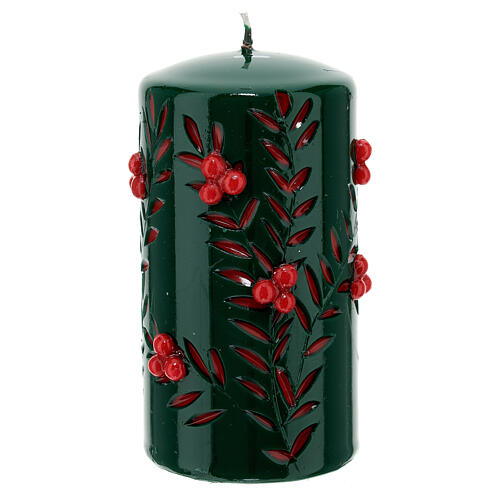 Geschnitzte grüne Kerze mit roten Dekorationen, 10 cm 1