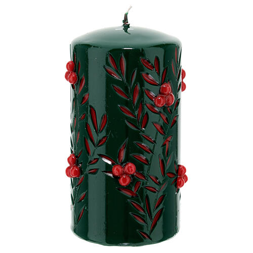 Geschnitzte grüne Kerze mit roten Dekorationen, 10 cm 3