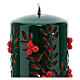 Green Christmas candle with carved pattern and red embossed berries, 8 cm diameter s2