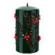 Green Christmas candle with carved pattern and red embossed berries, 8 cm diameter s3