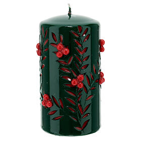 Green candle with red carved decorations, diameter 10 cm