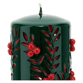 Green candle with red carved decorations, diameter 10 cm