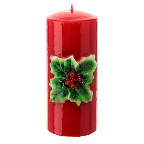 Red Christmas candle with holly, 5 cm of diameter