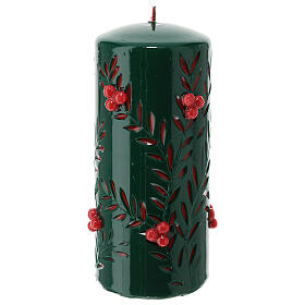 Green Christmas candle with carved leaf pattern and red embossed berries, 10 cm diameter