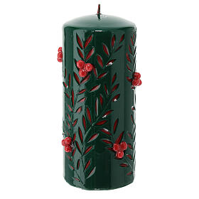 Green Christmas candle with carved leaf pattern and red embossed berries, 10 cm diameter