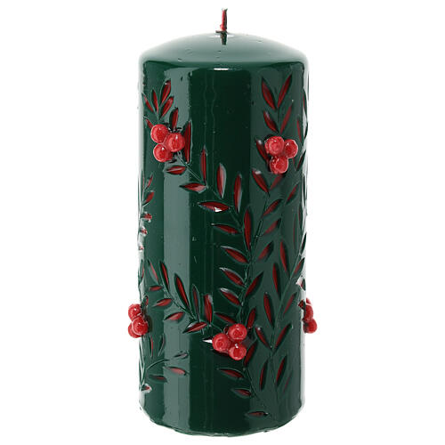 Green Christmas candle with carved leaf pattern and red embossed berries, 10 cm diameter 1