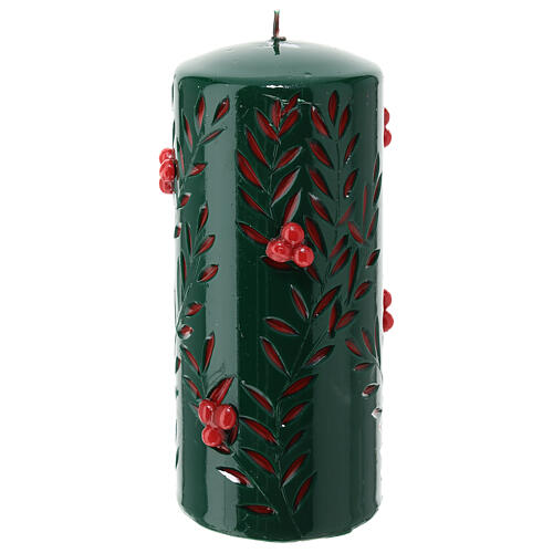 Green Christmas candle with carved leaf pattern and red embossed berries, 10 cm diameter 3