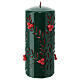 Green Christmas candle with carved leaf pattern and red embossed berries, 10 cm diameter s1