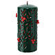 Green Christmas candle with carved leaf pattern and red embossed berries, 10 cm diameter s2