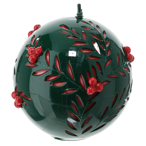 Spherical green candle with carved leaves and embossed red berries, 12 cm of diameter 1