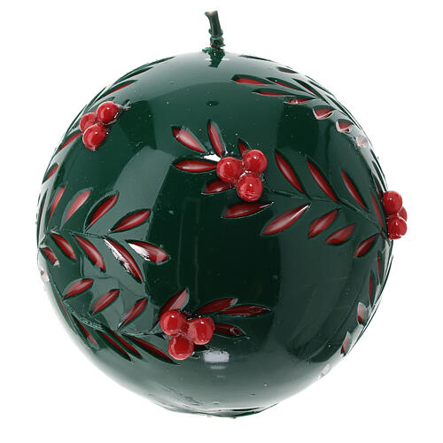 Spherical green candle with carved leaves and embossed red berries, 12 cm of diameter 2