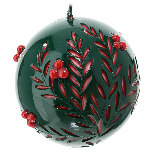 Spherical green candle with carved leaves and embossed red berries, 12 cm of diameter 3