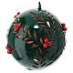 Spherical green candle with carved leaves and embossed red berries, 12 cm of diameter s1
