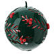Spherical green candle with carved leaves and embossed red berries, 12 cm of diameter s2