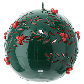 Round green Christmas candle with carved pattern and red berries, 15 cm of diameter