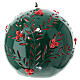 Round green Christmas candle with carved pattern and red berries, 15 cm of diameter s3