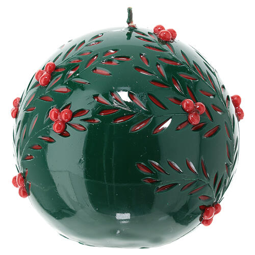 Candela natalizia sfera verde intagliata decori rossi d 15 cm 2