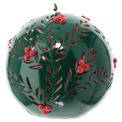Candela natalizia sfera verde intagliata decori rossi d 15 cm 3