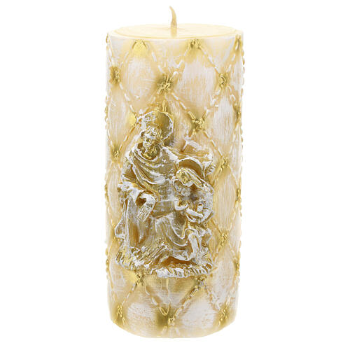 Candle with matelassé effect and Nativity Scene, 10 cm of diameter 1