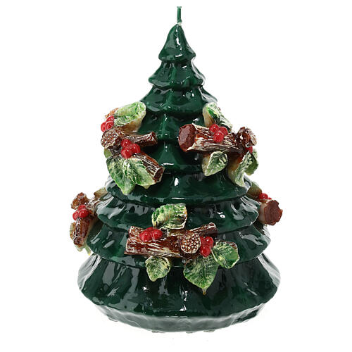 Candle of 15 cm of diameter, Christmas tree with holly on logs 1