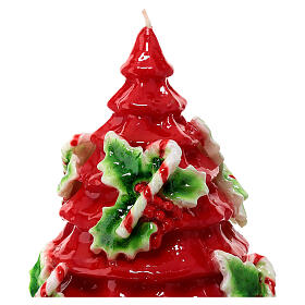 Lack-Kerze, roter Weihnachtsbaum mit Stechpalmenblättern und Zuckerstangen dekoriert, 20 cm