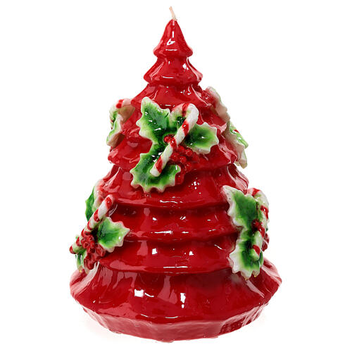 Lack-Kerze, roter Weihnachtsbaum mit Stechpalmenblättern und Zuckerstangen dekoriert, 20 cm 1