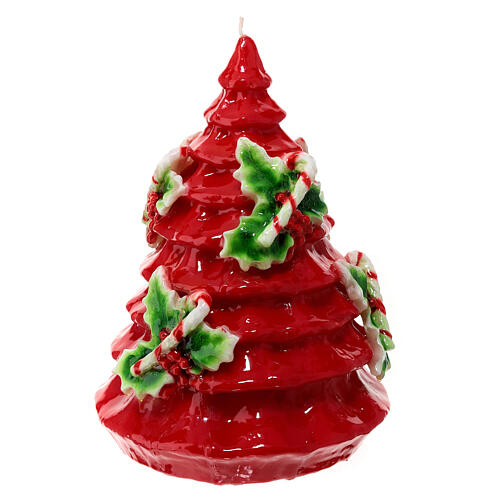 Lack-Kerze, roter Weihnachtsbaum mit Stechpalmenblättern und Zuckerstangen dekoriert, 20 cm 3