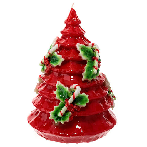 Lack-Kerze, roter Weihnachtsbaum mit Stechpalmenblättern und Zuckerstangen dekoriert, 20 cm 4