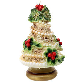 Ivory-coloured candle, Christmas tree with pearls and holly, 20 cm of diameter