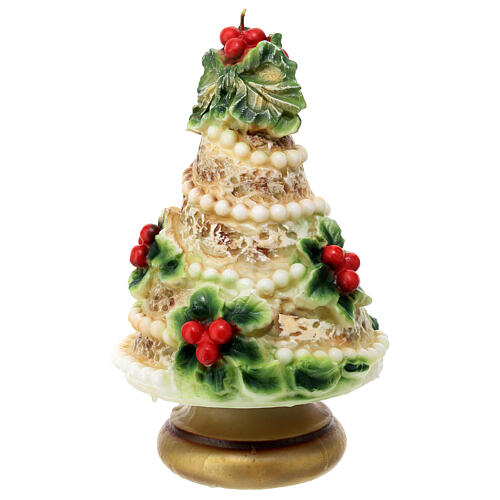 Ivory-coloured candle, Christmas tree with pearls and holly, 20 cm of diameter 3