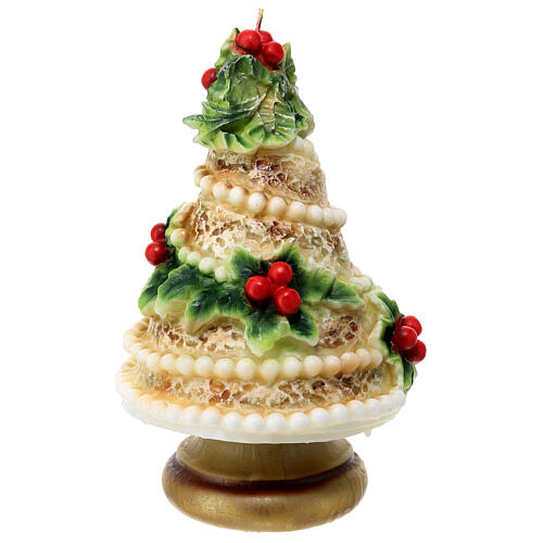 Ivory-coloured candle, Christmas tree with pearls and holly, 20 cm of diameter 4
