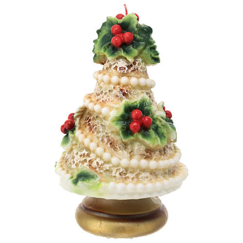 Ivory-coloured candle, Christmas tree with pearls and holly, 20 cm of diameter 5