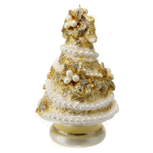 Goldene Tannenkerze mit Mistelzweig Perlen und Schleife, 20 cm 3