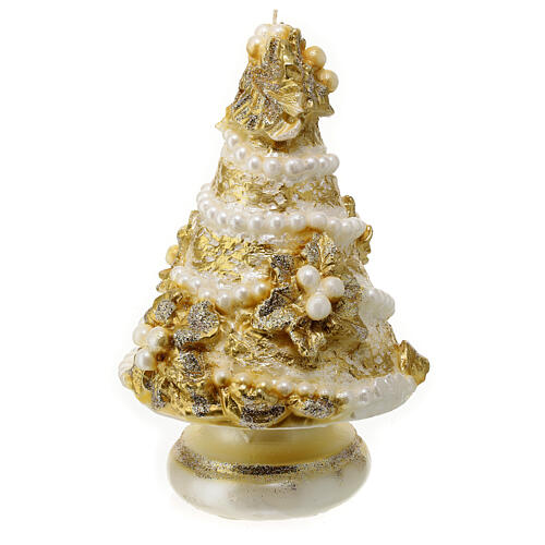 Goldene Tannenkerze mit Mistelzweig Perlen und Schleife, 20 cm 7