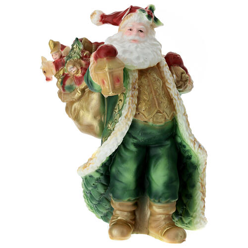 Bougie Père Noël costume vert et or sac de cadeaux 30x20x20 cm 1