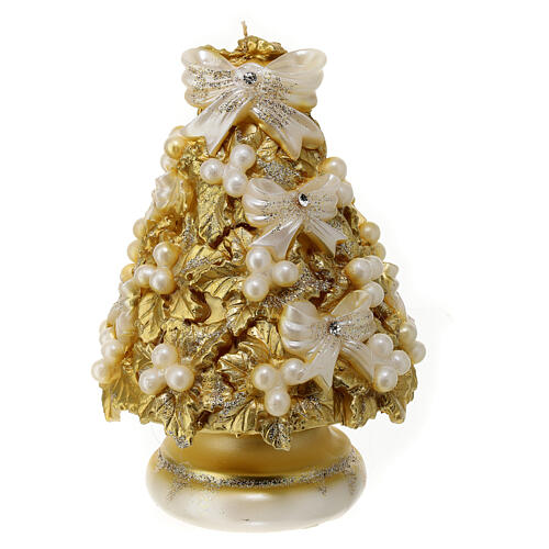 Golden candle, Christmas tree of holly and pearly ribbons, 20 cm of diameter 1