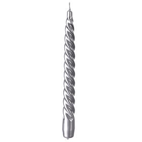Glossy twisted silver Christmas candle 25 cm