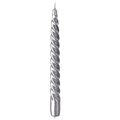 Glossy twisted silver Christmas candle 25 cm 2