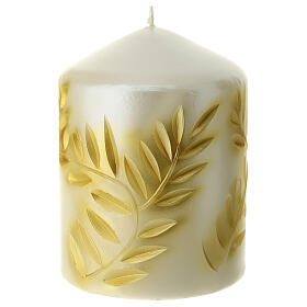 Christmas candle, carved, golden pattern on pearly background, 4x3 in