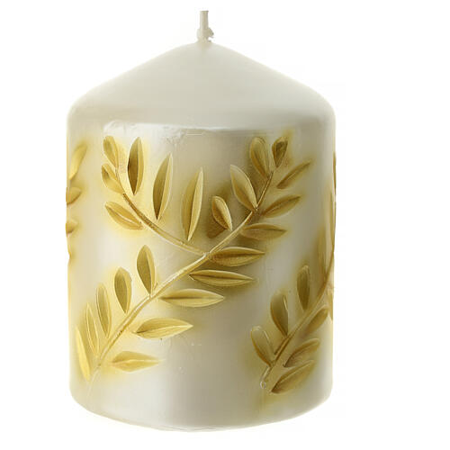 Christmas candle, carved, golden pattern on pearly background, 4x3 in 4