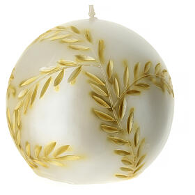 Spherical Christmas candle, pearly background with golden carving, diam. 6 in