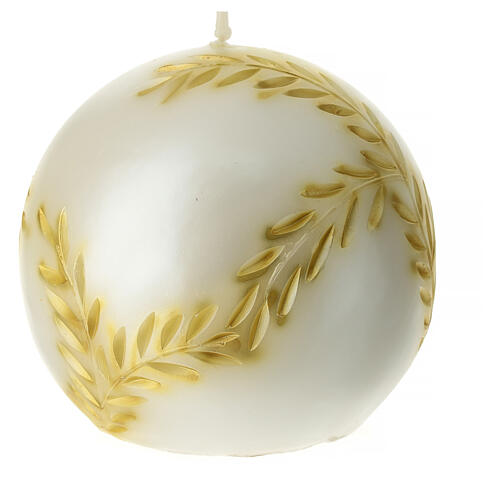 Spherical Christmas candle, pearly background with golden carving, diam. 6 in 4