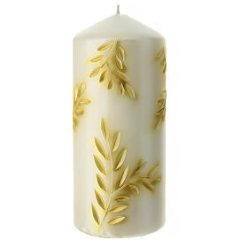 Christmas candle, carved, 7x3 in, golden pattern on pearly background