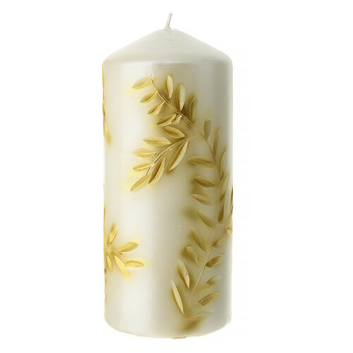 Christmas candle, carved, 7x3 in, golden pattern on pearly background 4