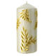 Christmas candle, carved, 7x3 in, golden pattern on pearly background s1